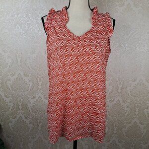Buttons Size Large Orange and White Sleeveless Blouse V-neck Ruffle Details